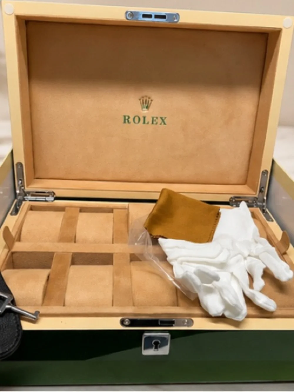 Rolex Green Box with Gold Crown and White Gloves
